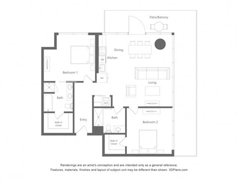 Floor plan for 2 beds, 2 baths, 1123 sqft